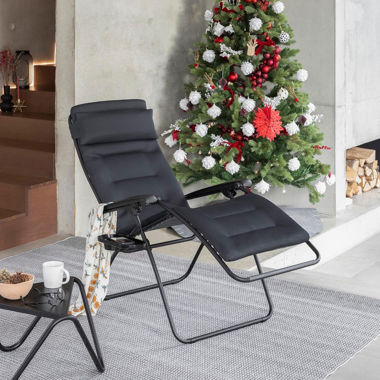 MOBILIER - Fauteuil Matelassé Relax Zéro Gravité - Chaise Longue Multiposition Pliante Jardin et Intérieur - Toile AirComfort® Résistante - Tout Confort, Fabriqué en France -Noir Acier