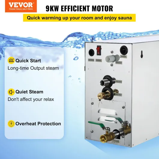 Générateur de Vapeur Sauna 9 kW, Générateur de Vapeur Douche Bain de Maison de 9 m³, Plage de Température 35 ℃ - 55 ℃ avec Réservoir d'Eau 6 L, Moniteur LED, Drain Manuel, pour Hammam Domicile