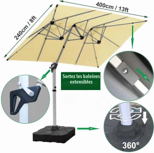 RANSENERS Parasol Déporté 400 x 240 cm Rectangulaire, avec Support, 12 Baleines, Rotatif 360°, Inclinable 0-90°, Tissu Extra Dick, UV50+, pour Jardin, Terrasses, Cafe, Extérieur Creme