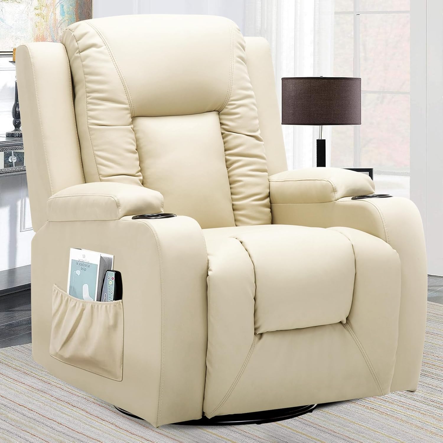 Fauteuil Relax avec Dossier et Repose-Pieds Réglables, Chaise Pivotante 360° avec Porte-Gobelets et Poches Latérales, Design Ergonomique avec Soutien Complet du Corps, Cuir PU, Beige Blanc Cuir