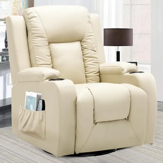 Fauteuil Relax avec Dossier et Repose-Pieds Réglables, Chaise Pivotante 360° avec Porte-Gobelets et Poches Latérales, Design Ergonomique avec Soutien Complet du Corps, Cuir PU, Beige Blanc Cuir