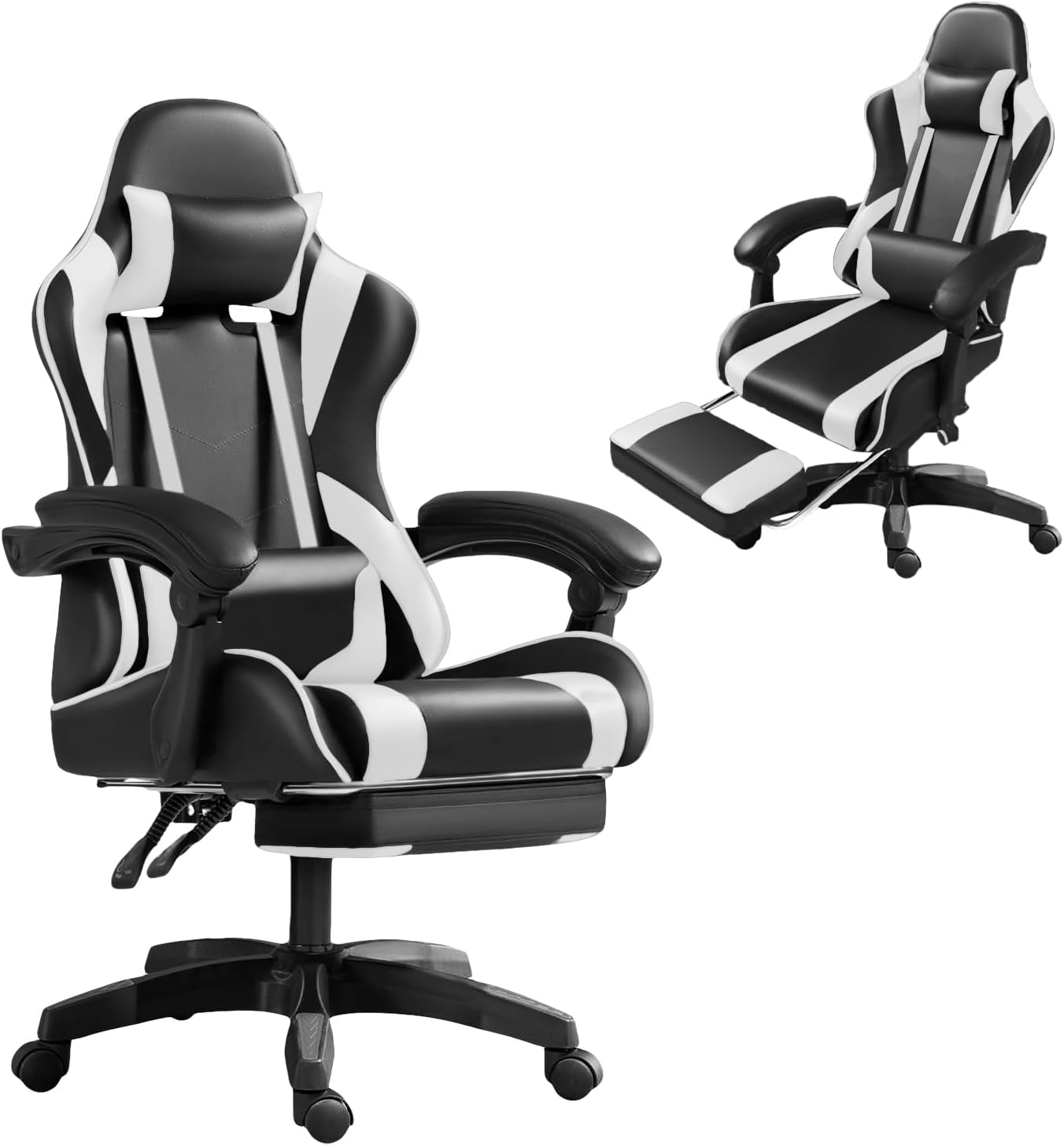 Frixovel Chaise Gaming, Siège de Bureau réglable, Fauteuil Gaming avec Repose-Pieds télescopique (Noir et Blanc)