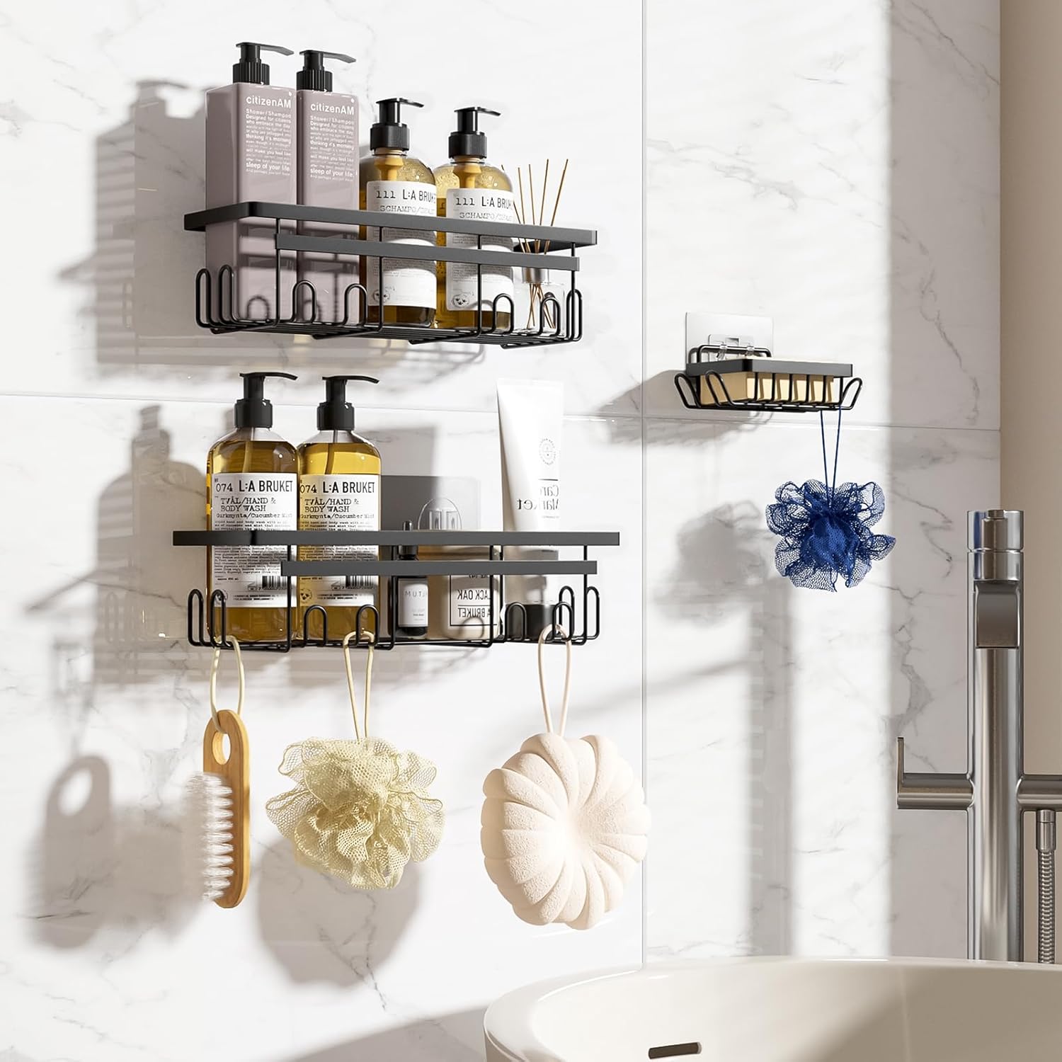 Etagere Salle de Bain avec Porte-Savon, 3PCS,Etagere Douche sans Percage, Accessoire Salle de Bain Antirouille, Rangement Douch avec Crochets, Essentiels pour la Salle Bain, Cuisine (Noir)