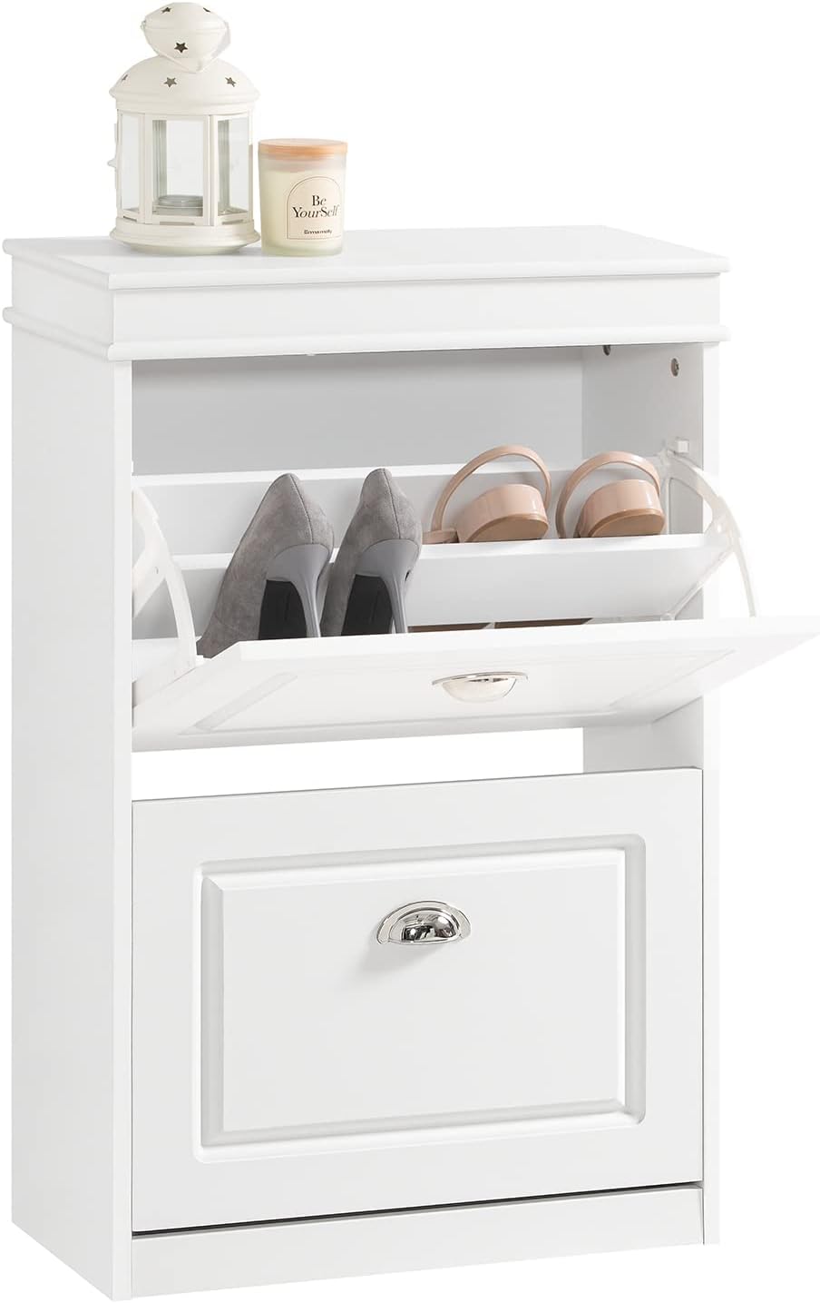 Meuble de Rangement à Chaussures, Armoire à Chaussures, Commode à Chaussures avec 2 Abattants, Meuble d'Entrée, Coffre Rangement pour Chaussures, Blanc, L54xP24xH83cm, FSR78-W