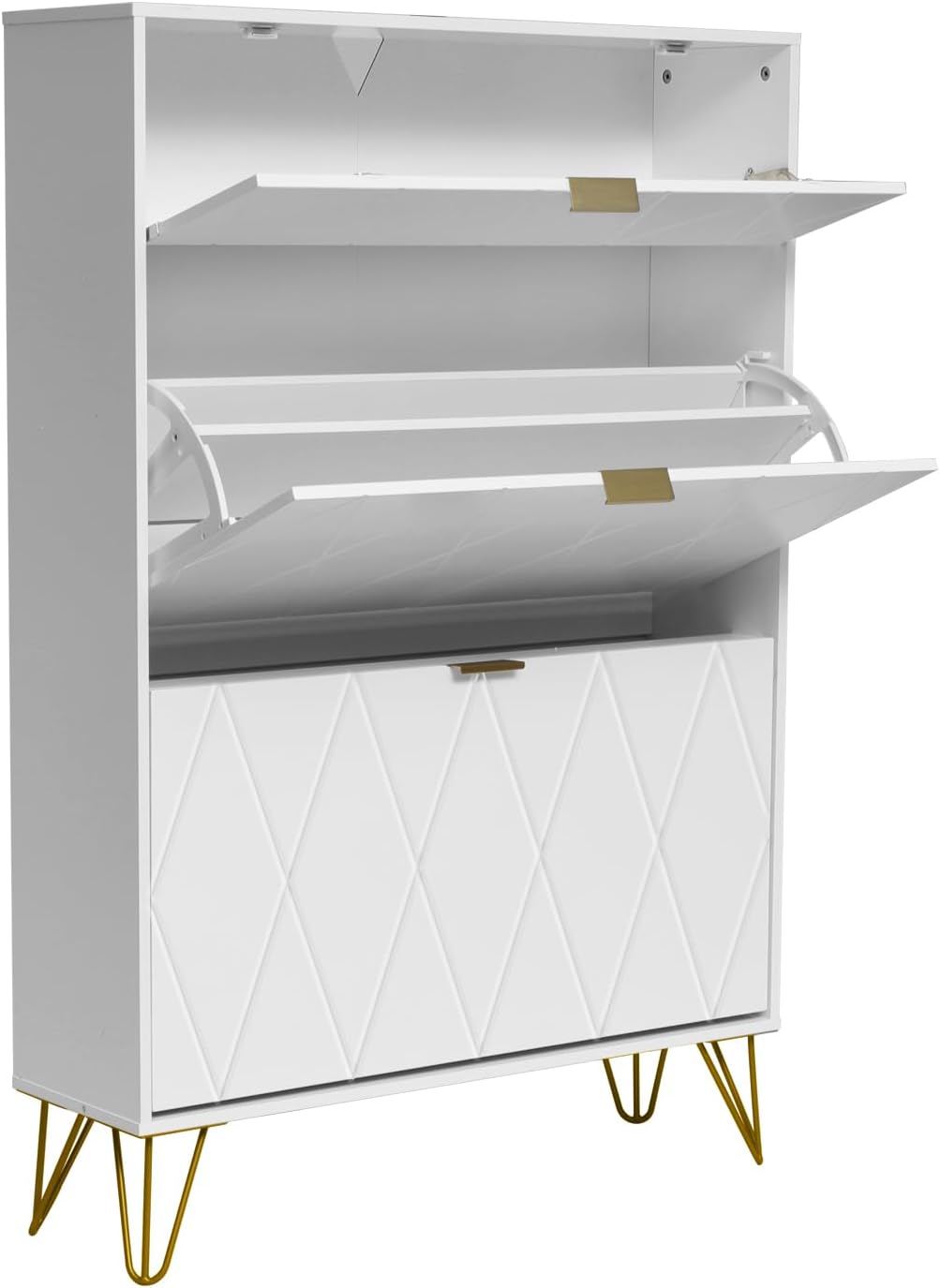 Armoire à Chaussure Inclinable, Meuble à Chaussures pour 16 Paires, 3 Compartiments (2 Rangements Chaussure+1 Étagère Caché) (80 x 24 x 120 cm, Blanc)