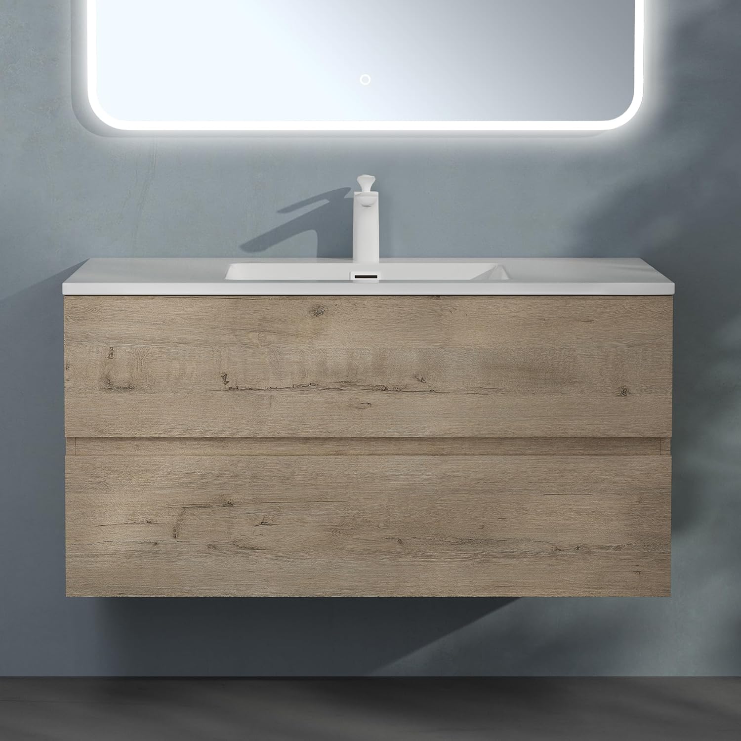 Sogood Meuble de Salle de Bain Suspendu Chêne Clair 100x48x50cm Ensemble de 2 Pièces Meuble avec Lavabo Solid Surface Design Aqualis