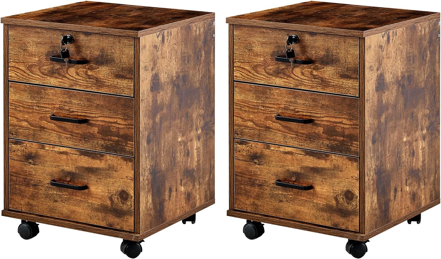 Lot de 2 Caisson de Bureau, Caisson de Rangement Mobile à 3 tiroirs verrouillable, Armoire de Bureau avec roulettes, Meuble de Rangement Mobile pour Documents légaux Format A4 (Marron)