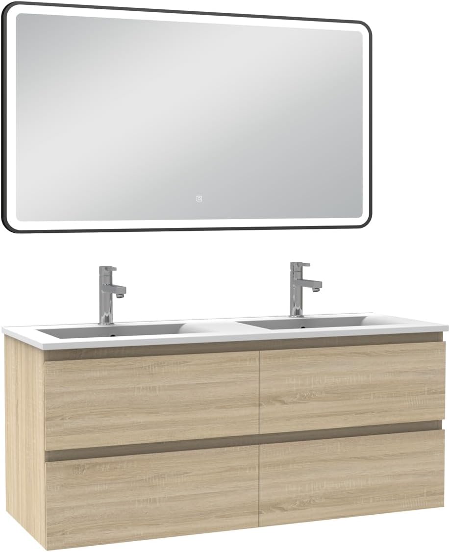 AICA Meuble Salle de Bain 120cm Chêne Wotan Double Vasque + Miroir Lumineux 3 Couleurs + dimmable