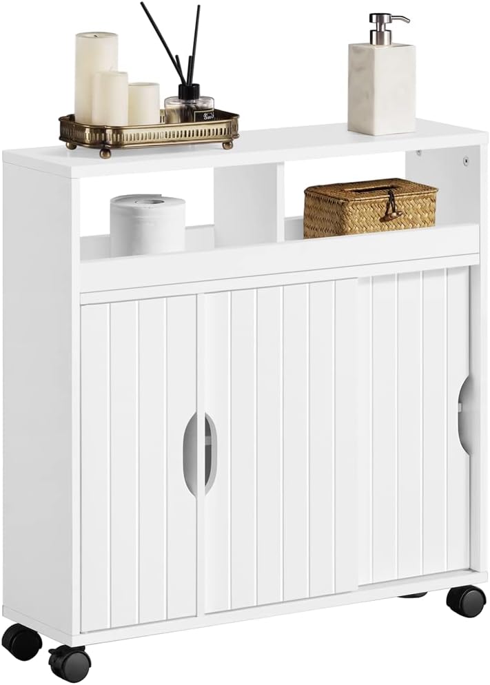 Meuble Salle de Bain sur roulettes, Porte Coulissant, Etagère Réglable, 69,5 × 20 × 71,5 cm, Meuble Rangement Moblie Toilette Salon Cuisine Blanc
