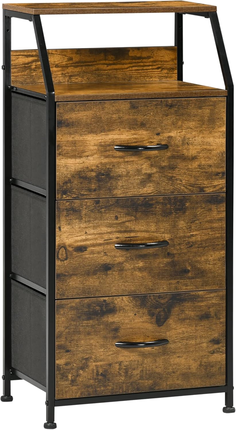 Meuble de Rangement Style Industriel Commode 3 tiroirs en Tissu Amovibles et 2 étagères - 44 x 29 x 92 cm - Bois et métal
