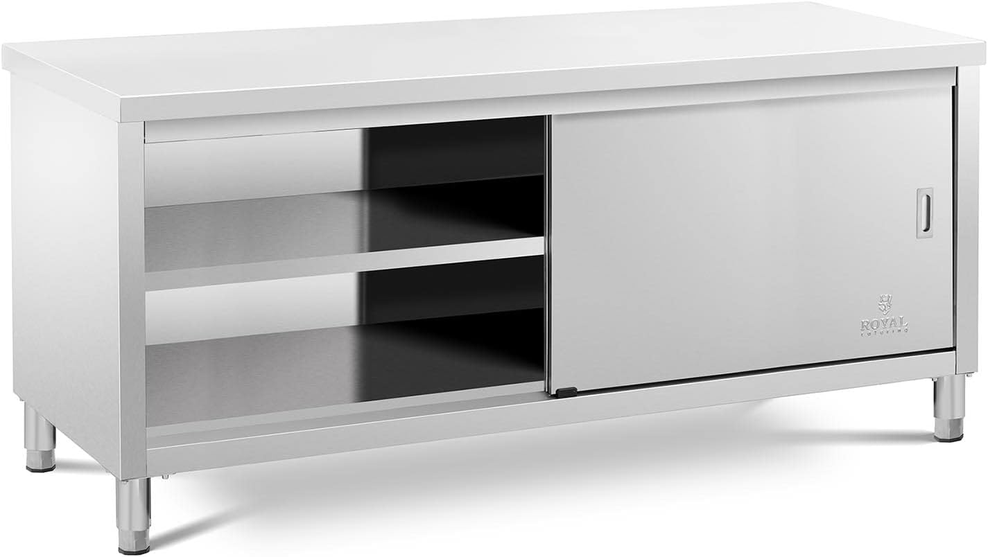 RCSSCB-200X60-E Meuble Bas en INOX Plan De Travail Cuisine Armoire avec Portes Coulissantes (Capacité de 600 kg, Acier Inoxydable, 1 Tablette)