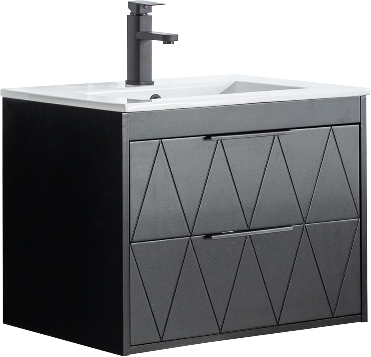 Meuble sous Lavabo Suspendu 60cm, avec Lavabo en Céramique, Robinet, 2 Grands Tiroirs, Meuble Salle de Bain, Motif Ligne, Style Ligne Scandinave (Noir(avec Lavabo), 60 x 45 x 46cm)