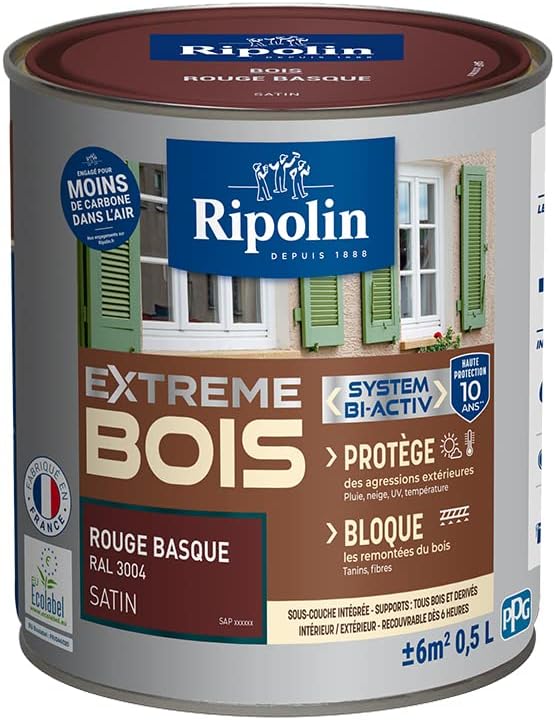 Peinture pour Bois Intérieur/Extérieur - Sans Sous-couche Ultra-couvrant - Résiste aux Intempéries, UV et Chocs - Protège et Magnifie - Lessivable - Satin - 0,5L - Rouge Basque