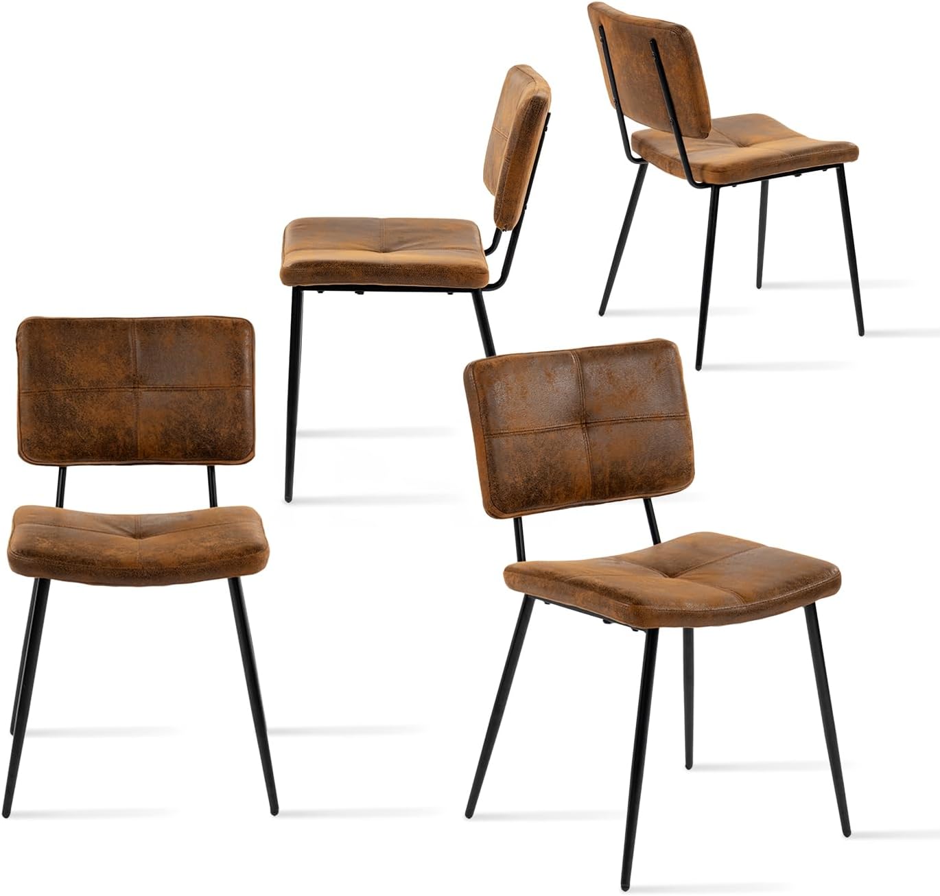 Lot de 4 Chaises de Salle à Manger Vintage avec Assise Dossier Rembourrée en Suédine Pieds en Métal pour Cuisine Salon Chambre Bureau, Marron