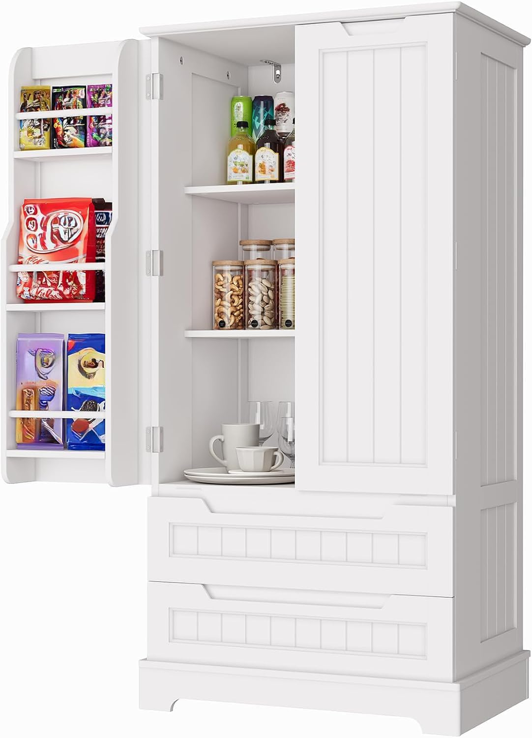 Buffet de Cuisine Blanc avec 2 Tiroirs et 2 Portes - Armoire de Rangement Autoportante Idéale pour Cuisine et Salle à Manger