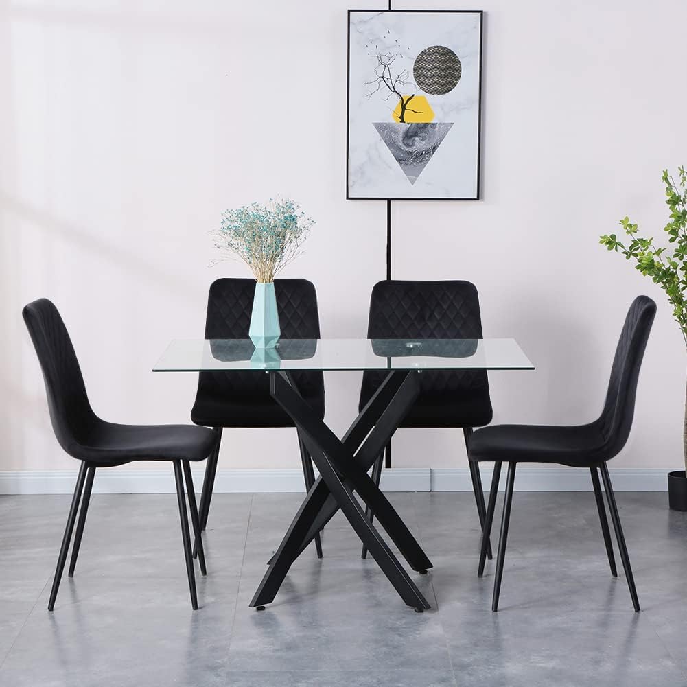 Table a Manger avec 4 Chaises,Ensemble de Table à Manger Noir avec 4 Chaises,Table en Verre Trempé Moderne avec 4 Chaises en Tissu Confortable Noir,110cm