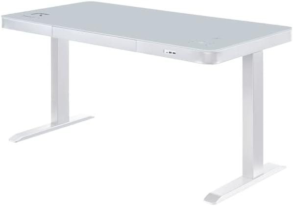 RGo Touch Desk 140 Blanc Bureau Électrique réglable en Hauteur 140x70x74-120 cm Bureau Assis-Debout - Chargement Induction - 2 Ports USB 1 Port USB-C - Plateau en Verre trempé