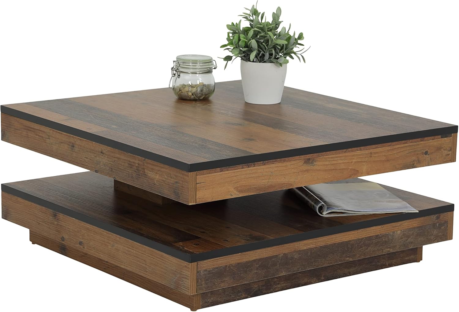 Apollo Ben Table Basse Évolutive Pour Séjour, Carrée, Matériau Dérivé Du Bois Avec Revêtement En Mélamine, Plateau De Table Pivotant À 360°, Bois Vieilli, 78 x 78 x 34 cm