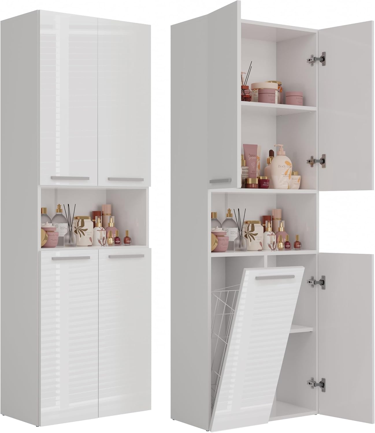 CDF Armoire Haute de Salle de Bain NeL 1K DK - Couleur : Blanc Brillant - étagère de Salle de Bain Moderne - Armoire de Rangement - étagères spacieuses - Portes - 1 Armoire à Linge