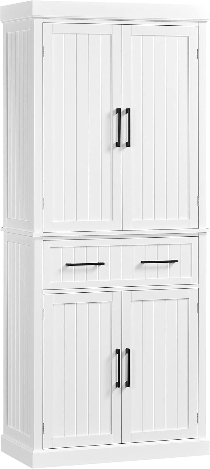 Buffet Haut Cuisine, Meuble de Cuisine avec 6 Étagères Réglables et 2 Tiroirs, Armoire de Rangement Polyvalente, Armoire Vestiaire pour Salon Chambre Bureau 76,5 x 40,5 x 183 cm Blanc