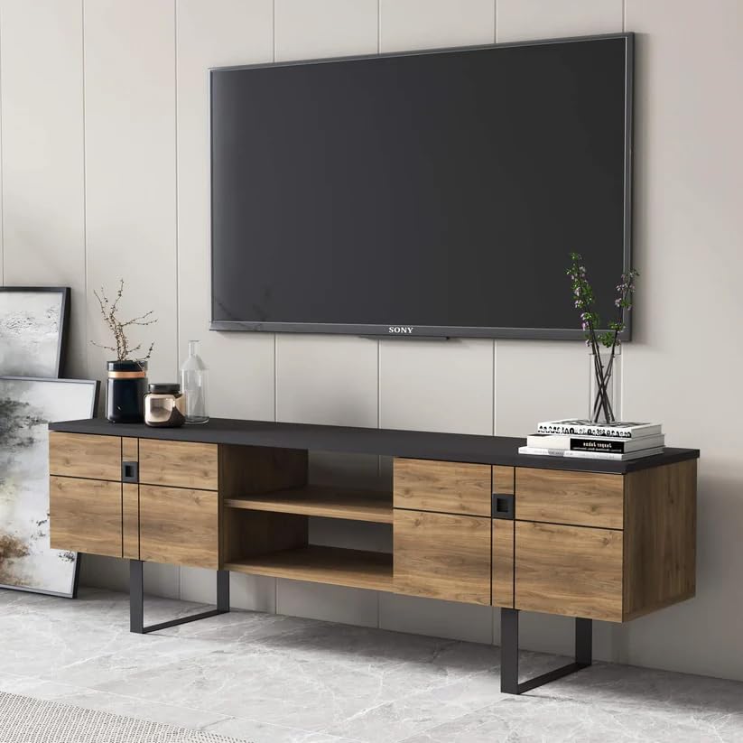Meuble TV Moderne, Console Médias en Bois de 63 Pouces, Compatible avec TV de 70", Pieds en Métal, Couleurs Marron et Noir