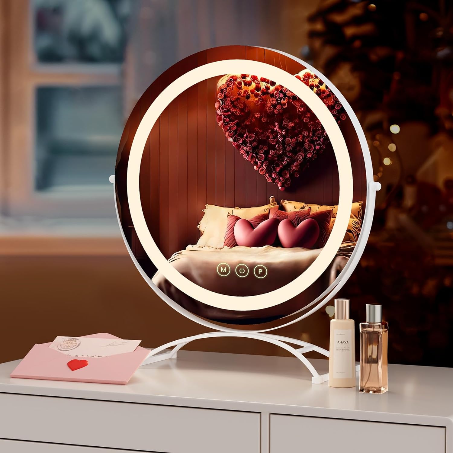 S'AFIELINA Miroir Hollywood avec Éclairage LED, Diamètre 40 cm, Miroir de Maquillage Tactile avec 3 Couleurs de Lumière Variable, Design Demi-Cercle Pivotant à 360°, Blanc