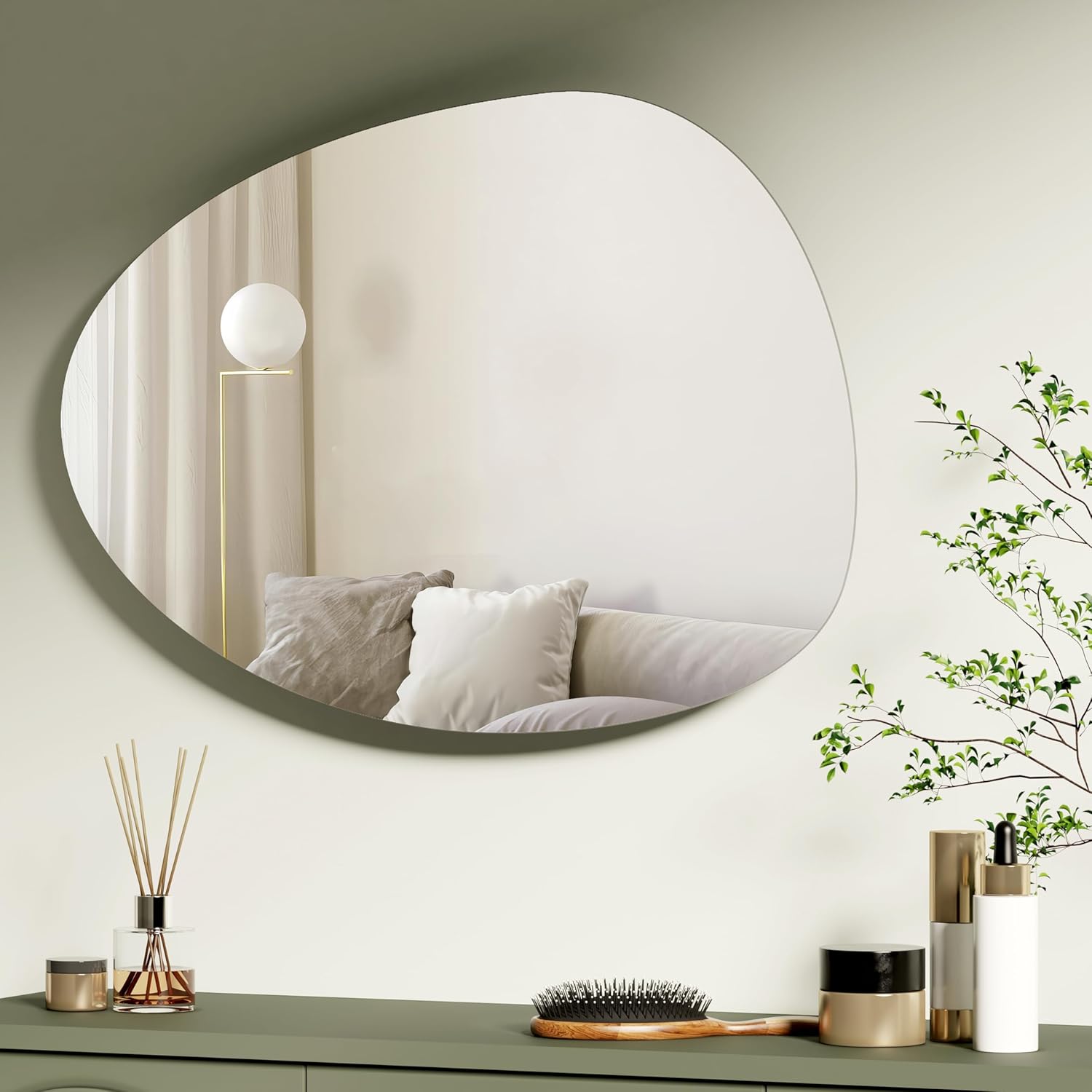 S'AFIELINA Miroir Rond 75 x 55 cm Miroir Asymétrique Miroir Mural avec Quatre Trous de Suspension pour Salle de Bain Chambre Salon Couloir Décoration Murale