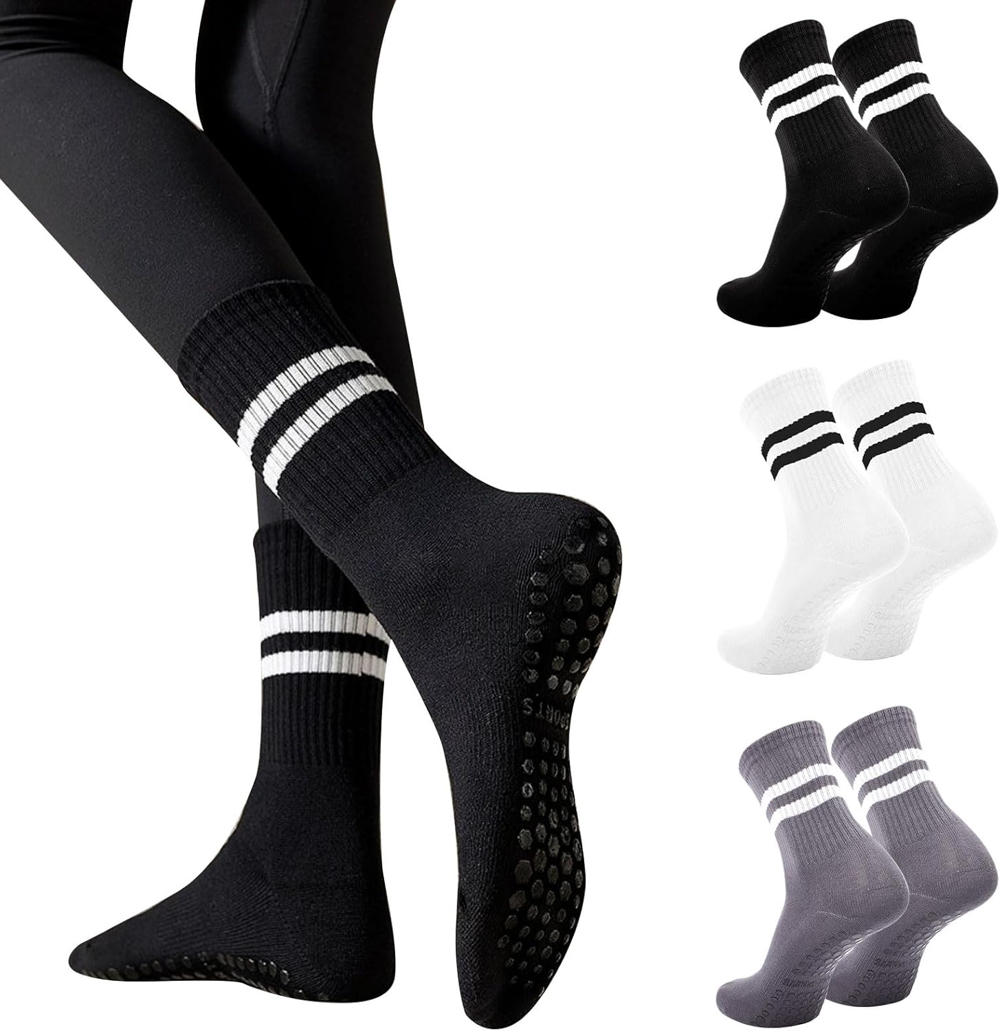 Risipu Lot de 3 paires de chaussettes antidérapantes pour femme, pour Pilates, ballet, danse, trampoline Taille unique B 3 paires - noir + blanc + gris