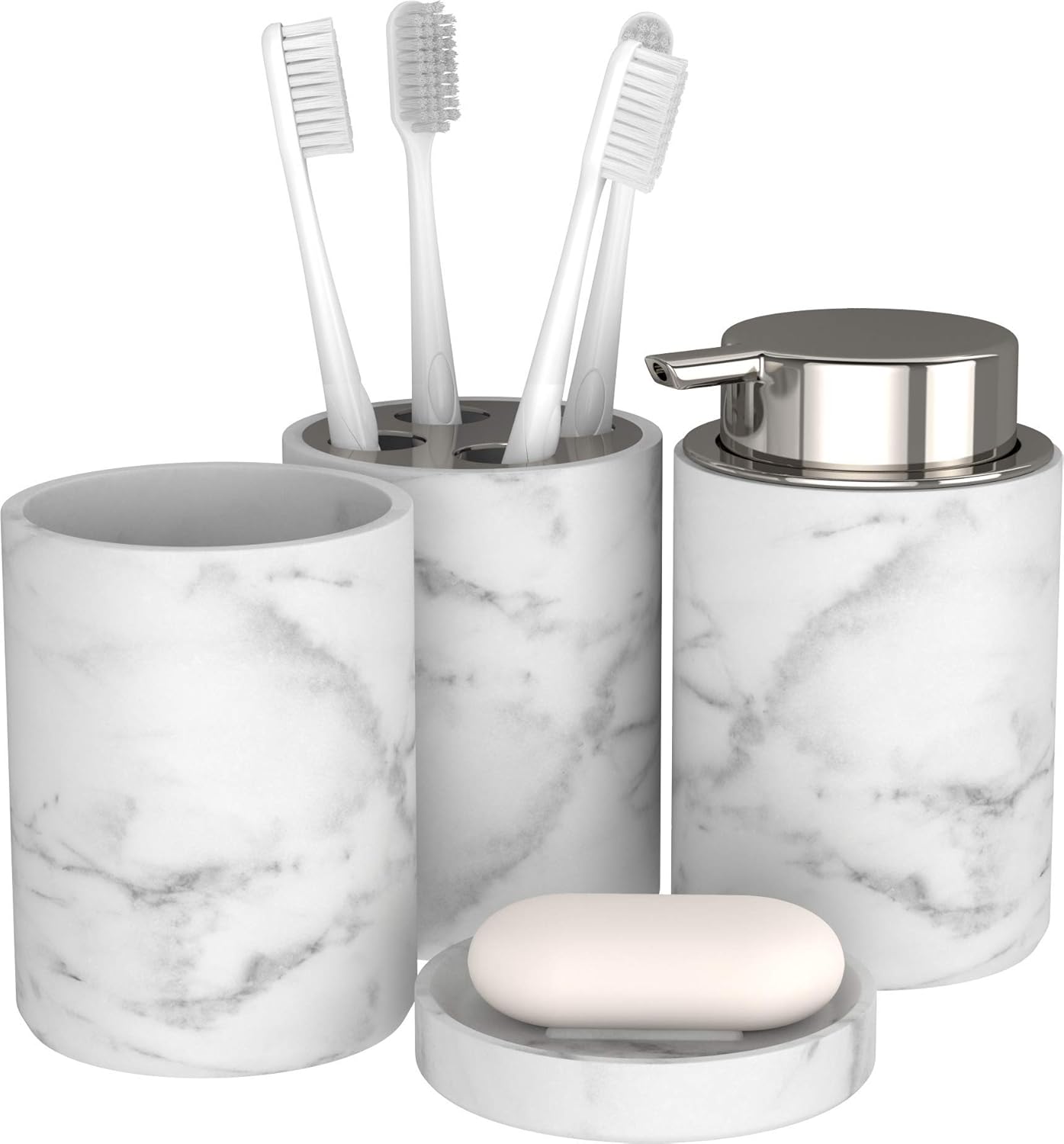 Accessoires Salle De Bain - Set Marmora 4 pièces - Ensemble Salle de Bain de Luxe Effet Marbre avec Porte Brosse à Dents, Distributeur de Savon, Porte-Savon et Gobelet - Argenté