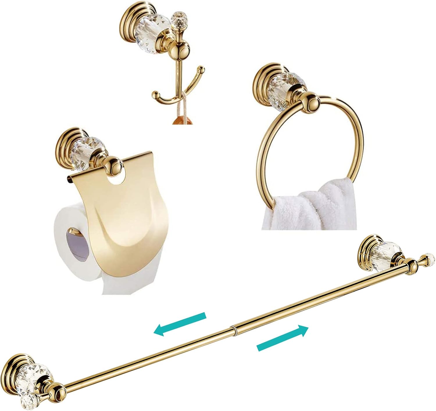 Ensembles d'Accessoires de Salle de Bains Or de 4 pièces Tous en Alliage de Zinc et Cristal Porte-Serviettes Anneau Porte-Serviettes Crochet Porte-Papier Hygiénique Style Mural Finition de Luxe