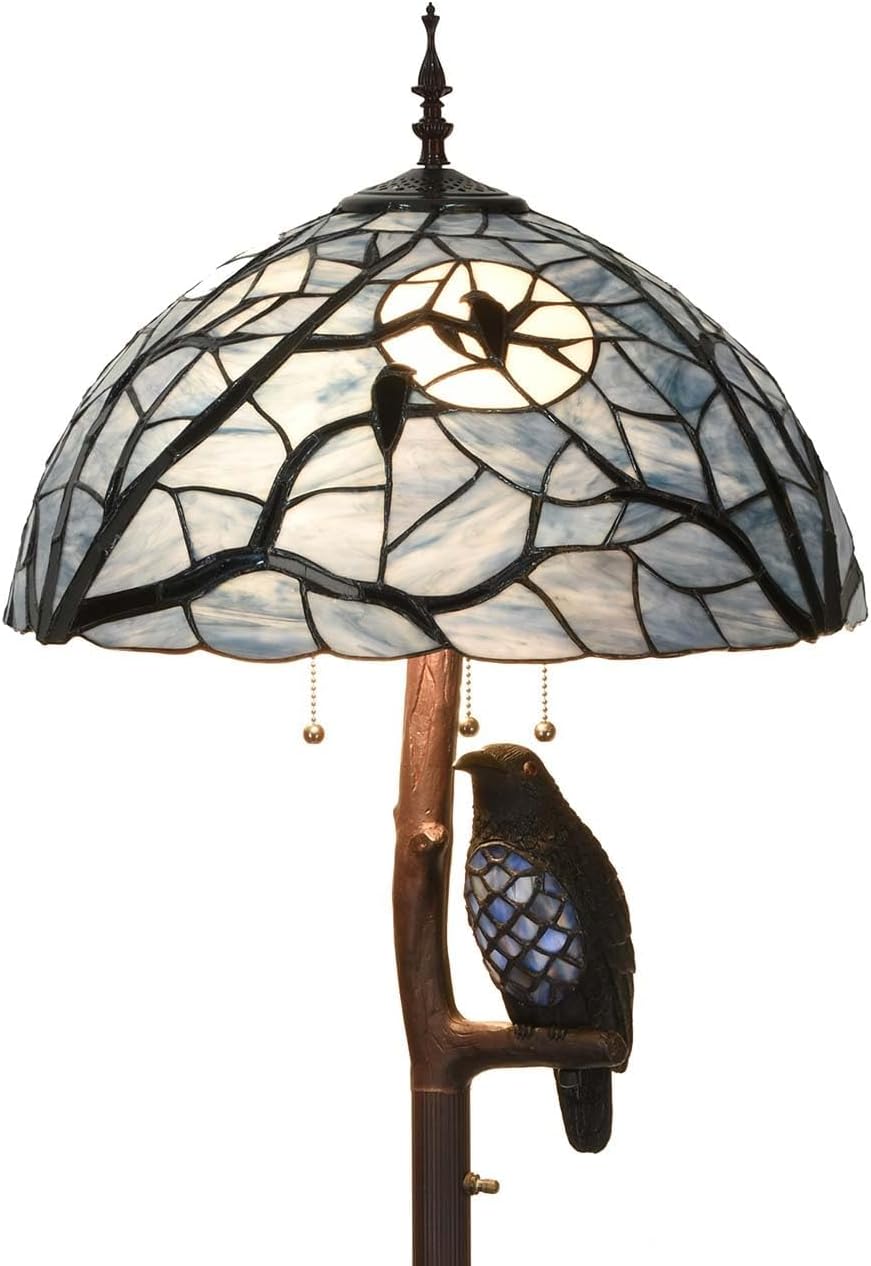 Corbeaux assis sur une branche nue devant la pleine lune, lampadaire en vitrail de style Tiffany avec veilleuse corbeau pour décoration d'Halloween, 4 lumières, 65 pouces de haut (Bleu foncé)
