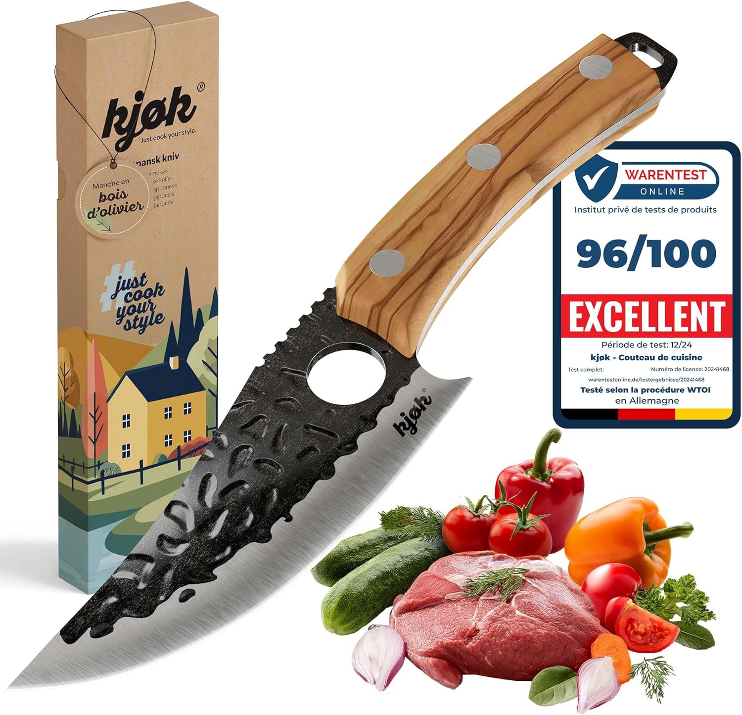 Kjøk Premium Couteau de cuisine professionnel dureté 56±2 HRC lame 15cm, style japonais avec trou et manche en bois d'olivier, couteau de chef pour outdoor, BBQ et grill, couteau asiatique tranchant