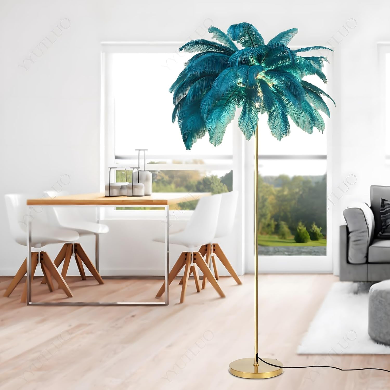 YYUTLUO Lampe À Plumes Moderne, Lampadaire En Plumes D'Autruche Naturelles, Hauteur 160cm, Poteau Et Base Dorés, 3 Températures De Couleur, Ampoules LED G4, Salon, Chambre D'Enfant, Bureau (Bleu)