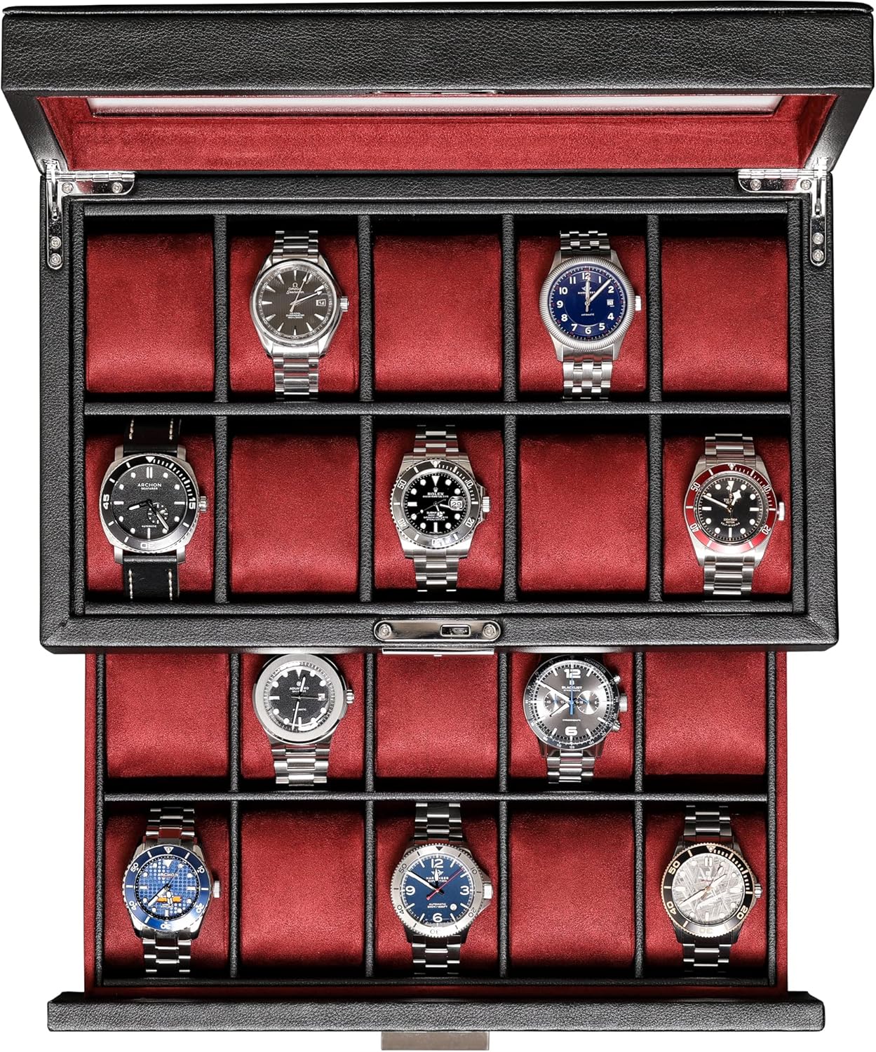 Boîte à montres en cuir à 20 fentes, Ecrins pour montres, Organisateur de bijoux pour montres de luxe, Présentoir de montres verrouillable avec grand plateau en verre véritable (Noir/Rouge)