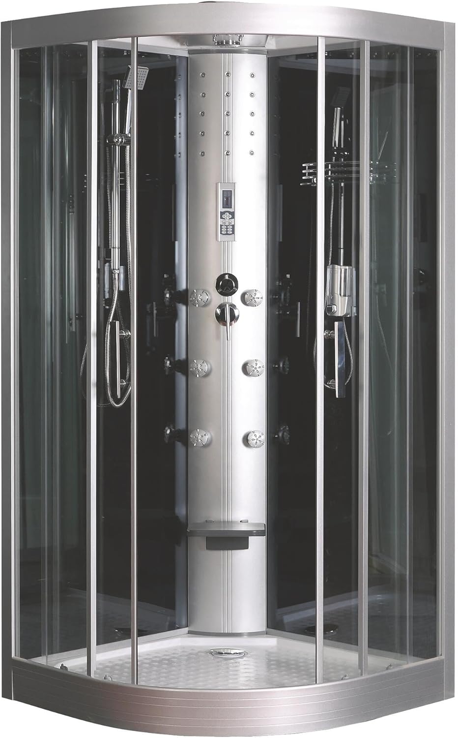 ONDEE, Cabine de douche hydromassage GALIA, Assemblée avec du silicone, Accès en angle, Porte coulissante en verre 5mm, Buses rondes, Siège, Profils en aluminium gris, Kit, 100x100x220 cm