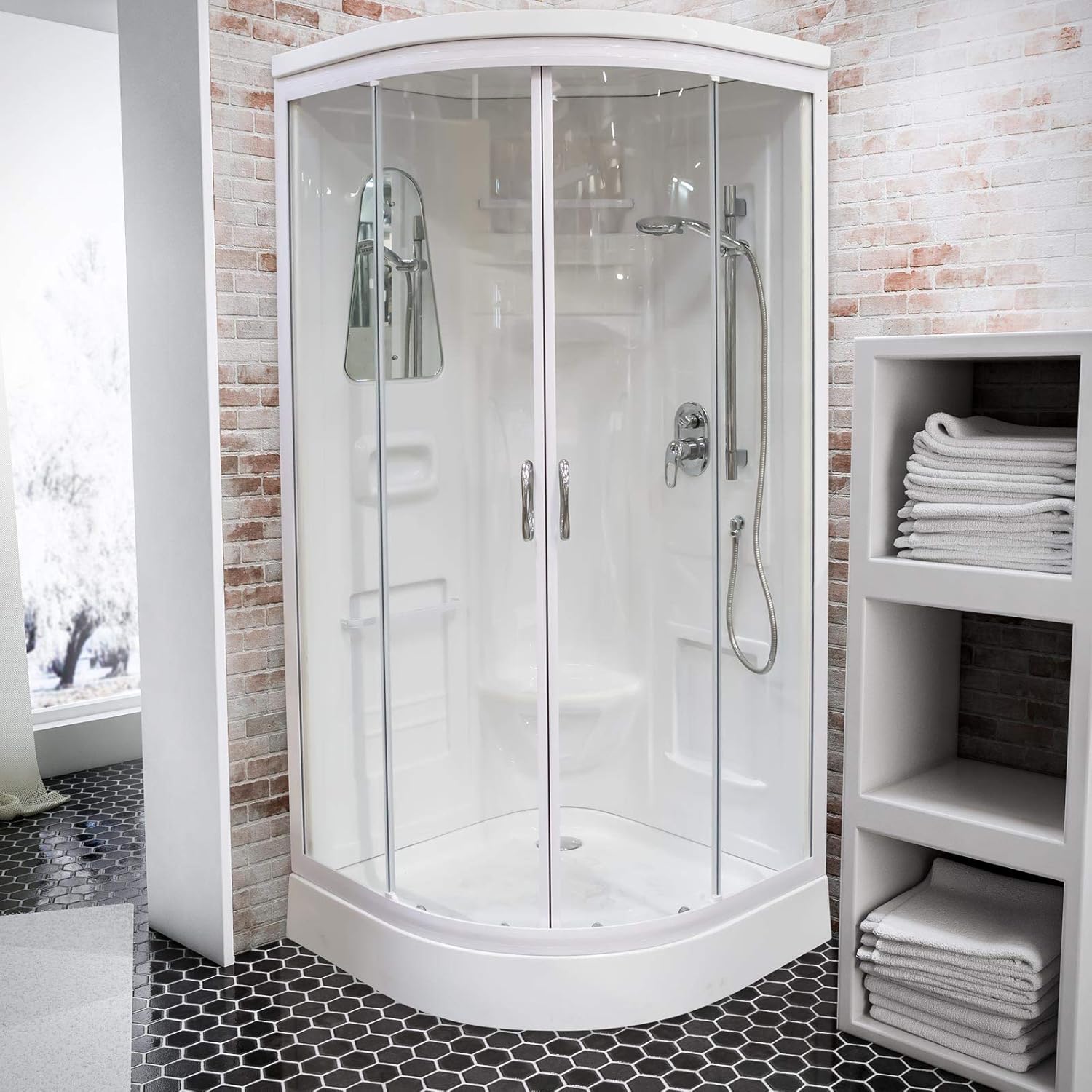 Cabine de douche complète en kit 90 x 90 x 211 cm (bac de douche inclus), profilé blanc, paroi arrondie avec miroir, siège de douche et tablettes de rangement, cabine intégrale