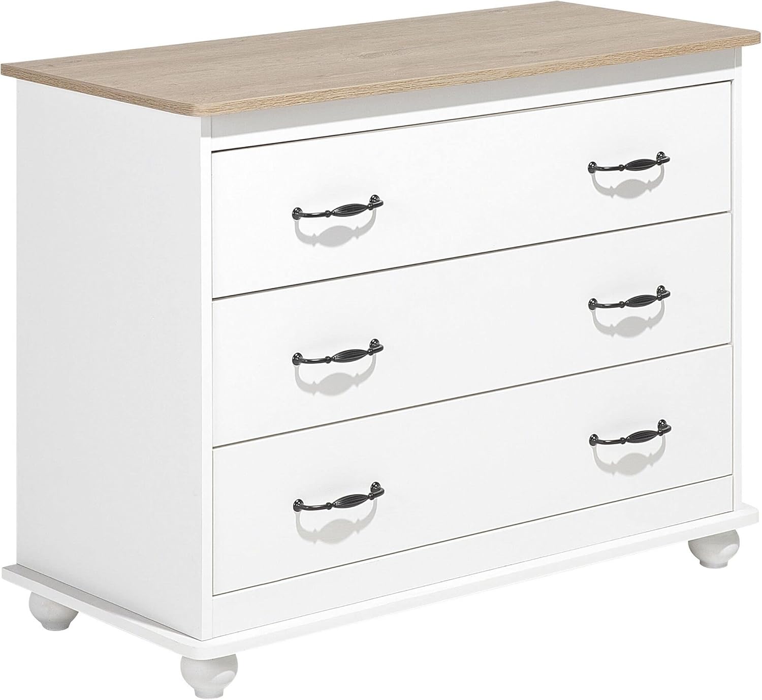 Commode de Type Chiffonnier Blanc avec Plateau Imitation Bois Composé de 3 Tiroirs aux Motifs Différent Design Moderne 79 cm de Hauteur Beliani