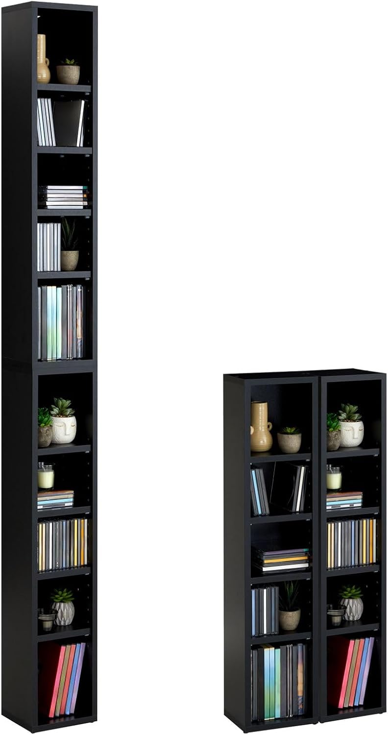 Etagères modulables Musique pour CD et DVD, Lot de 2 Meubles de Rangement en Colonne avec 10 Compartiments, en mélaminé Noir Mat