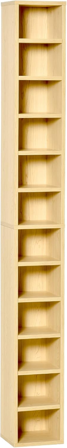 Rangements pour CD et DVD, étagère colonne de rangement, meuble de rangement avec 12 compartiments, capacité max - 204 CD, 21 x 20 x 175 cm, bois naturel