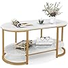 Table Basse Marbre Double Plateau, Table Basse Salon Ovale Moderne, Cadre en Métal Doré, Effet Marbre Blanc, 100 x 50 x 45 cm