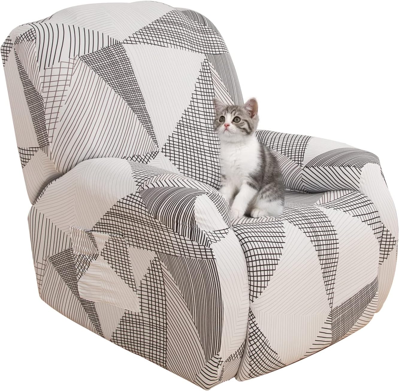 Housse de Fauteuil Relax Extensible 1 Place, Housse de Fauteuil Relax, Couverture de Chaise Canapé Relax avec Poche, Protecteur pour Fauteuil Inclinable, Lignes Beige