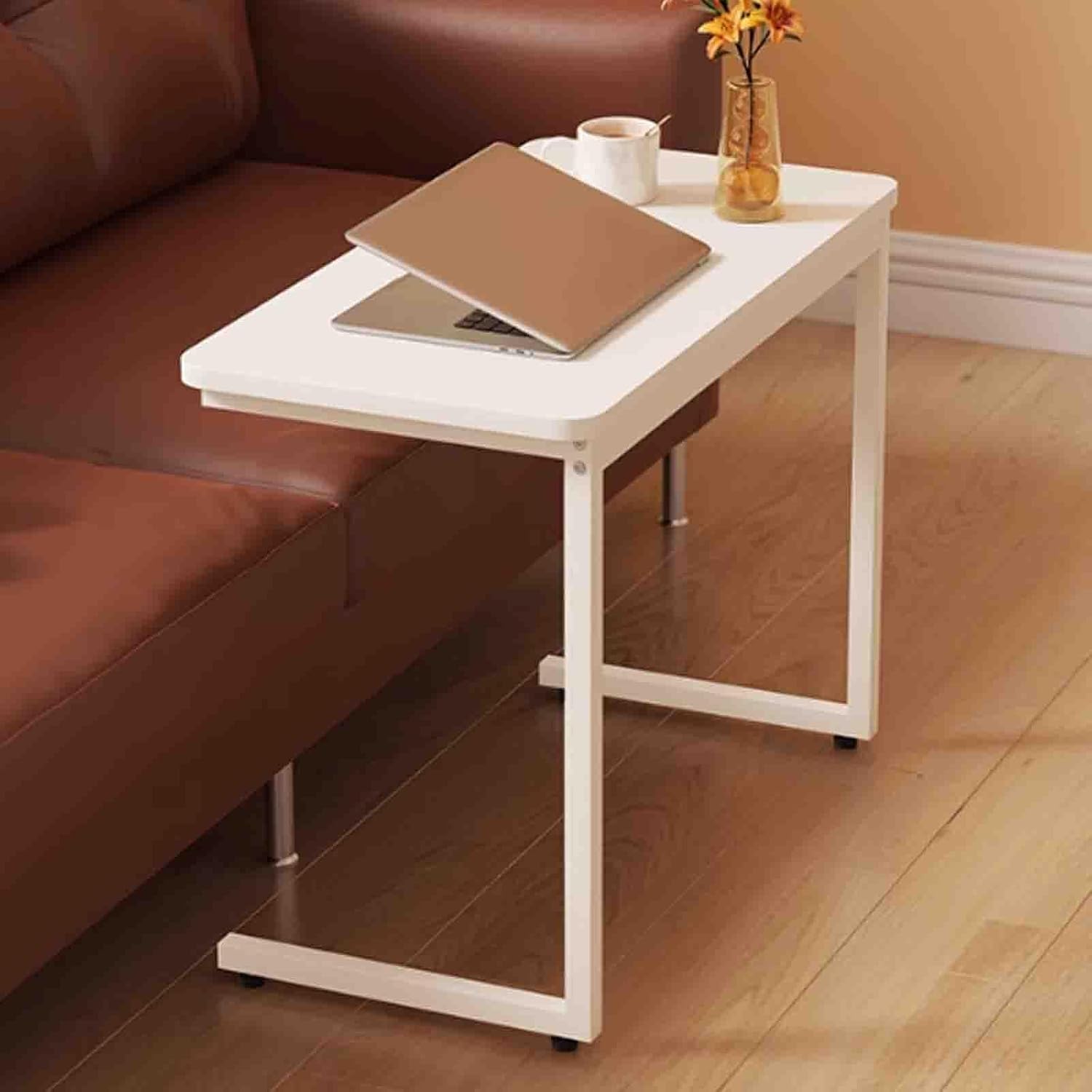 WPWSDWMX Tables D'appoint en Forme de C, Bureau en Bois et Cadre en Métal, Petite Bout de Canape Mobile avec roulettes, Petite Table pour Canapé et Fauteuil Inclinable, Blanc(White)