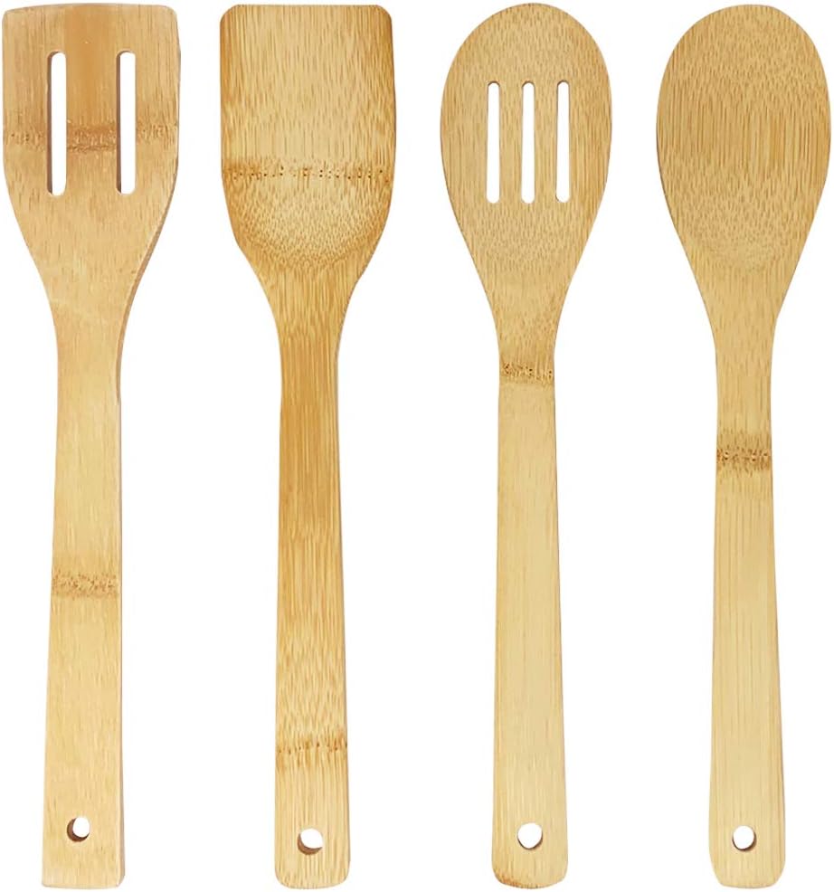 Joejis Ustensiles de Cuisine Bois de Bambou Ensemble Cuisine en Bois 4 ustensiles de qualité: cuillère en Bois Spatule en Bois Cuillere en Bois & Spatule Bois à égoutter