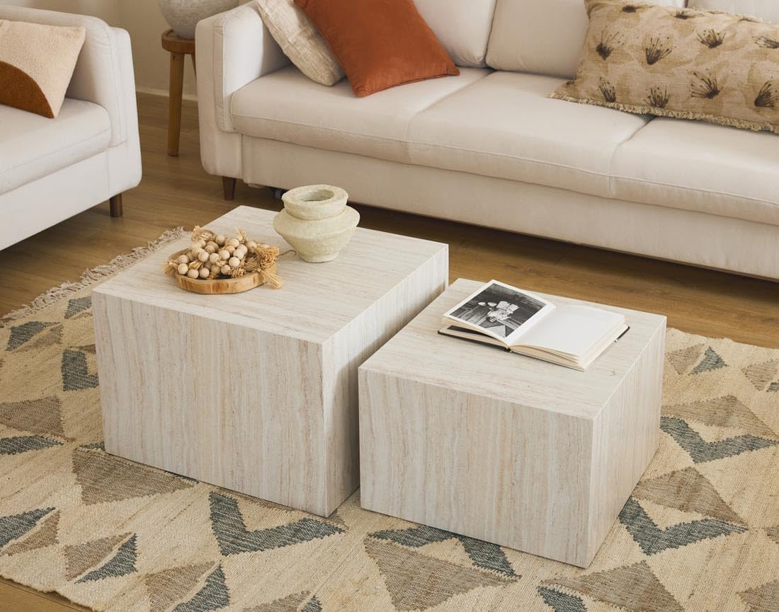 Tables Basses - Lot de 2 - Pueblo Carrée en Bois Beige avec Plateau Effet Travertin - Salon