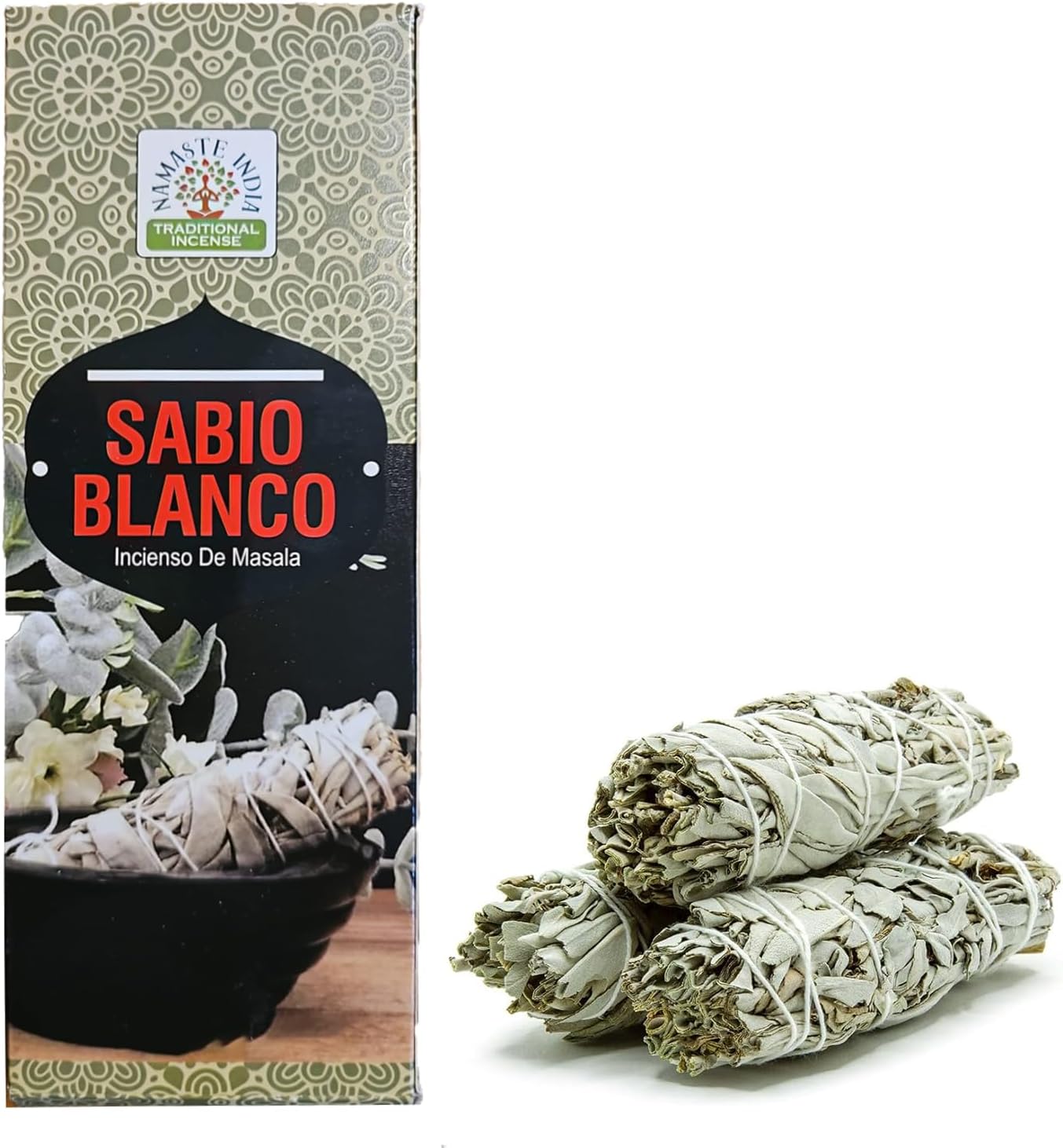 Namaste India Bâtonnets d'Encens, Hexa 6 Paquets de 20 Bâtonnets Chacun, Qualité Premium pour Maison, Bureau, Yoga, Méditation, Relaxation et Guérison (120 Pièces) (Sauge Blanche)