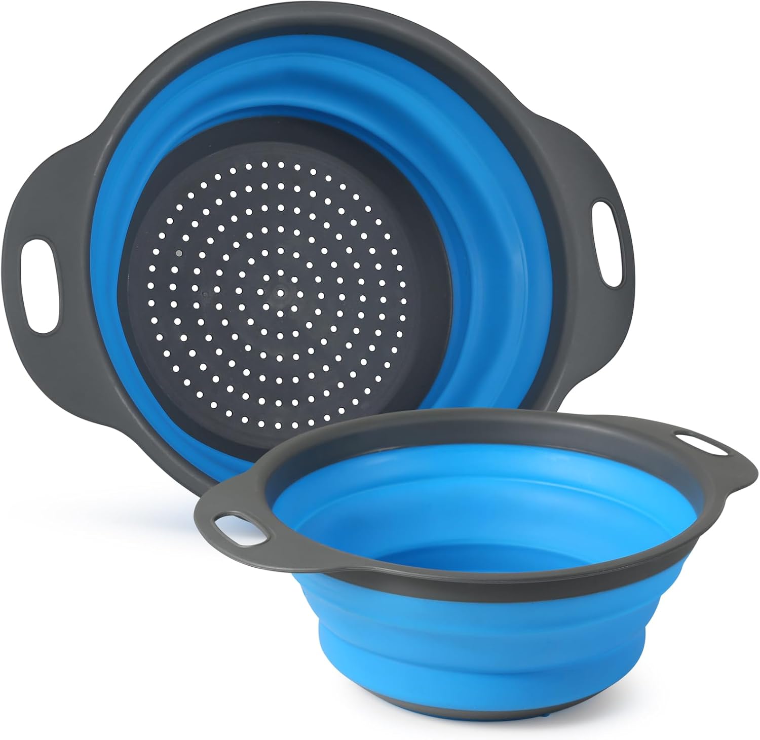 FHISKUNYU Panier de Fruits Rétractable avec Égouttoir, 2 Pièces Bleu - Cuisine Outils en Plastique, Design Pliable Circulaire pour Lavage de Légumes et Stockage de Fruits