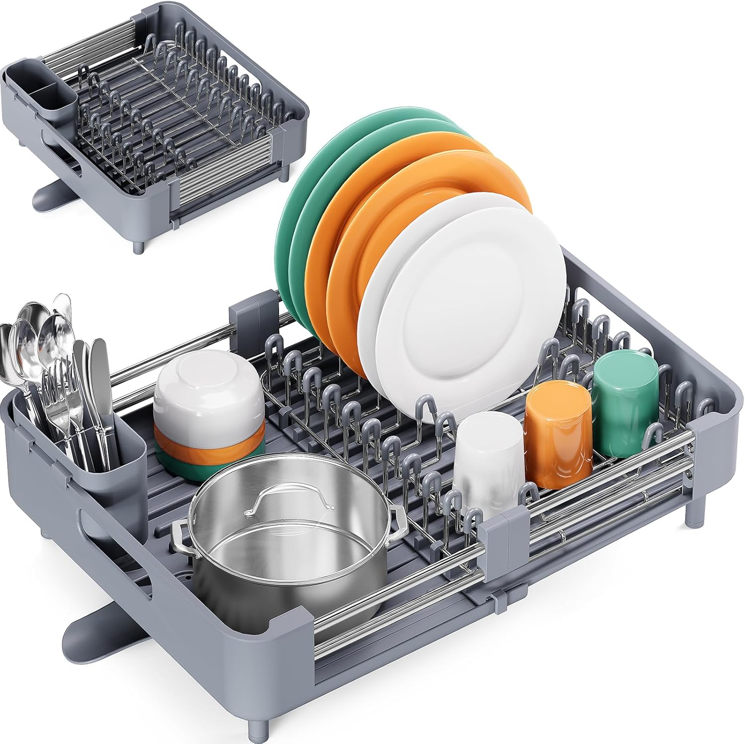 Egoutoire Vaisselle Cuisine, Égouttoir à Vaisselle Extensible, Égouttoir Vaisselle en Acier Inoxydable avec Porte-Couverts, Egouttoir Vaisselle Pliable avec Bec de Drainage Pivotant