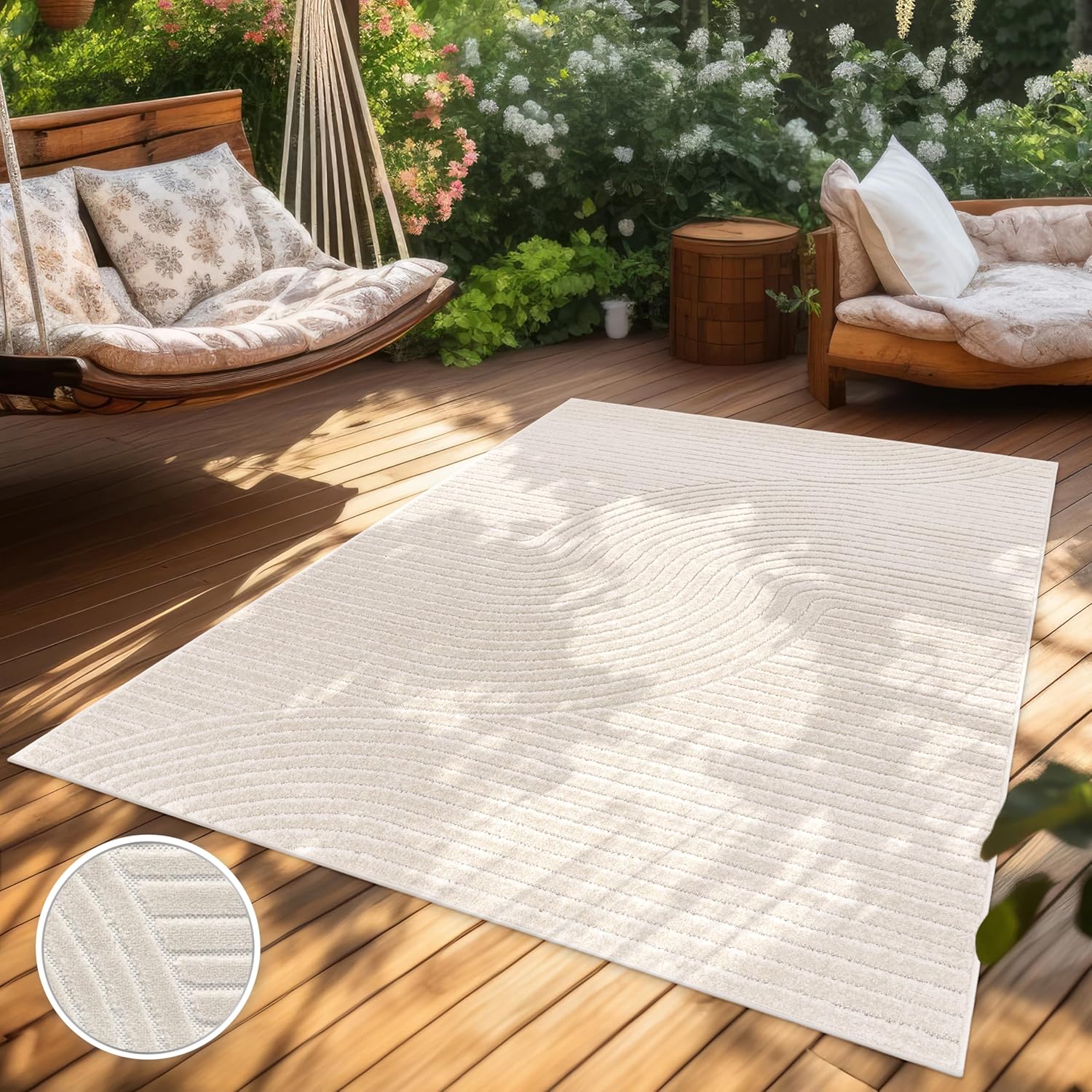 Tapis Exterieur Terrasse Salon Cuisine Motif Scandinave Motif Boho Uni, Dimension:80x150 cm, Couleur:Crème 2