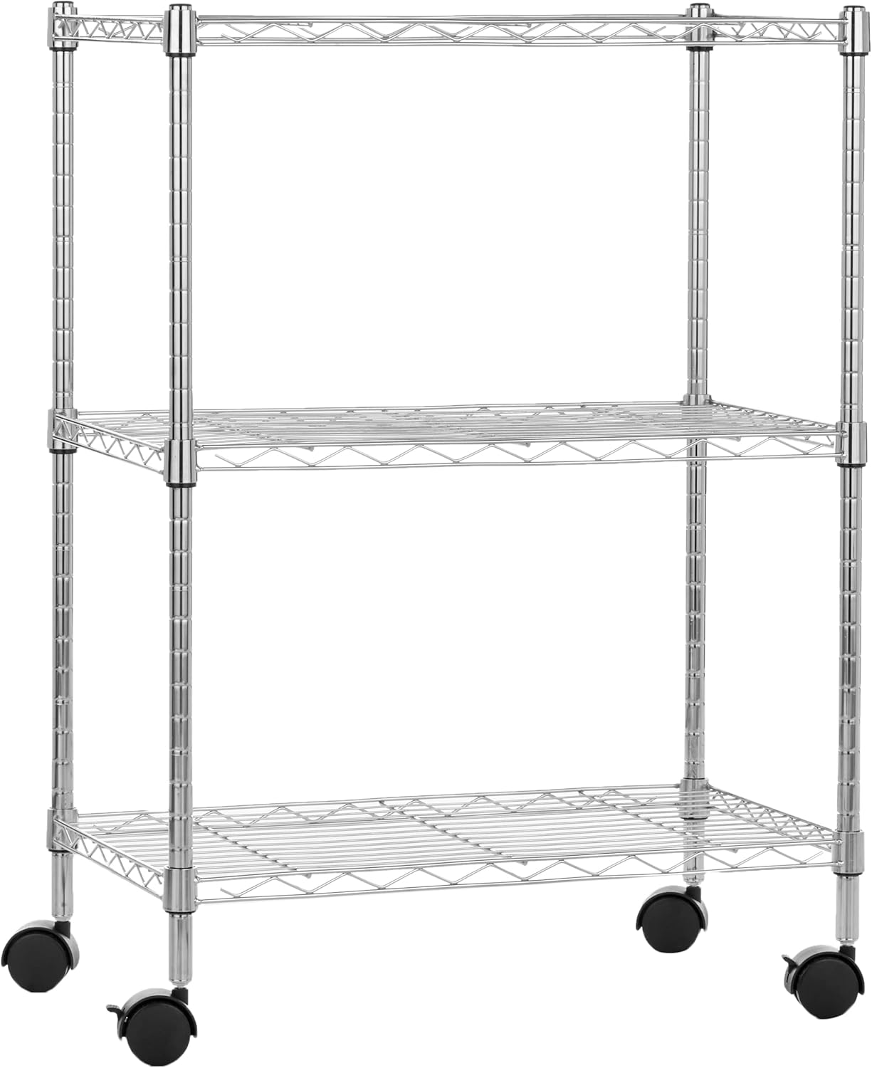 Étagère à 3 tablettes étroites réglables en hauteur avec pieds de nivellement, charge max - 453 kg, Chromé, 83.18 x 34 x 58.9 cm (l x L x H)