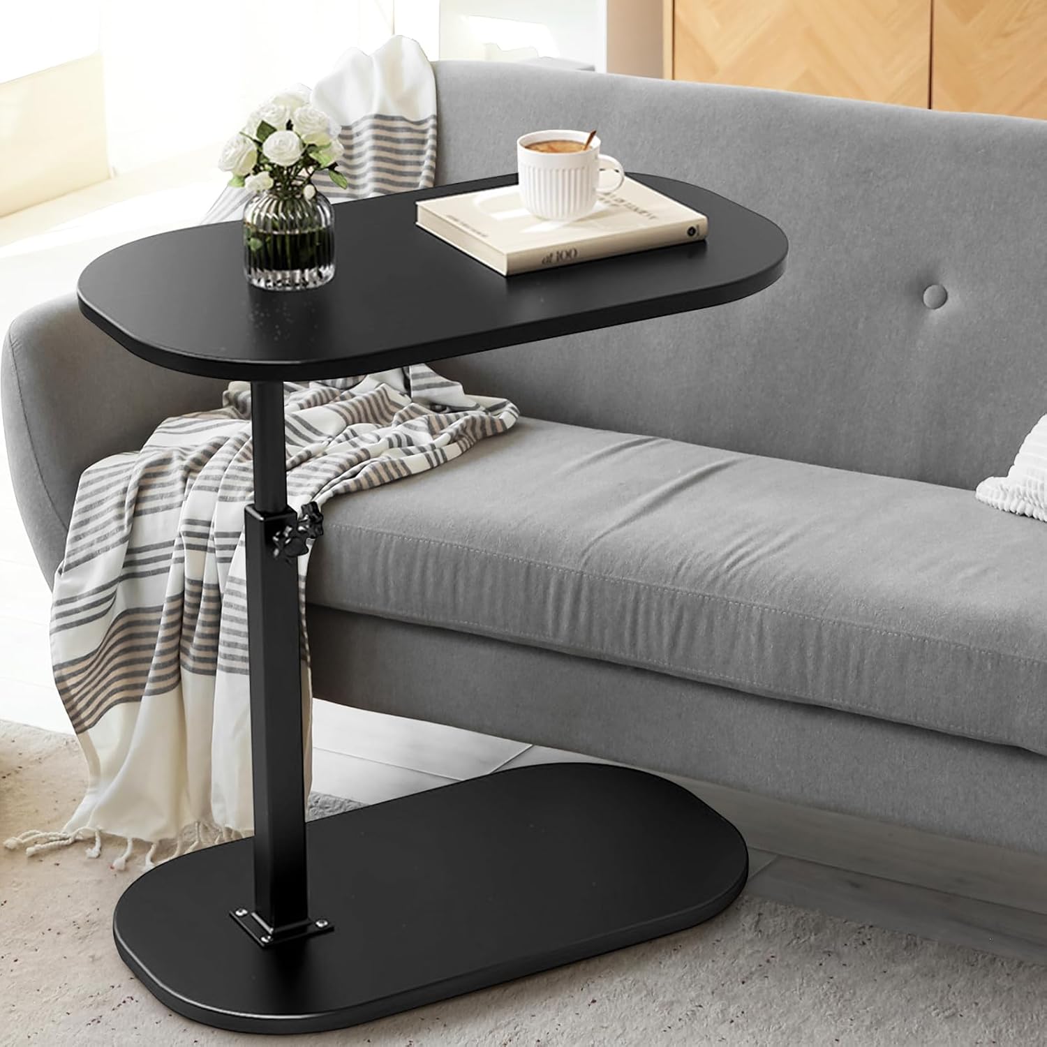 Washrobots Table d'appoint en Forme de C Hauteur réglable, Tableau d'appoint en Bois Table de canapé en Hauteur pour Salon et Chambre à Coucher Baignoire (Noir)